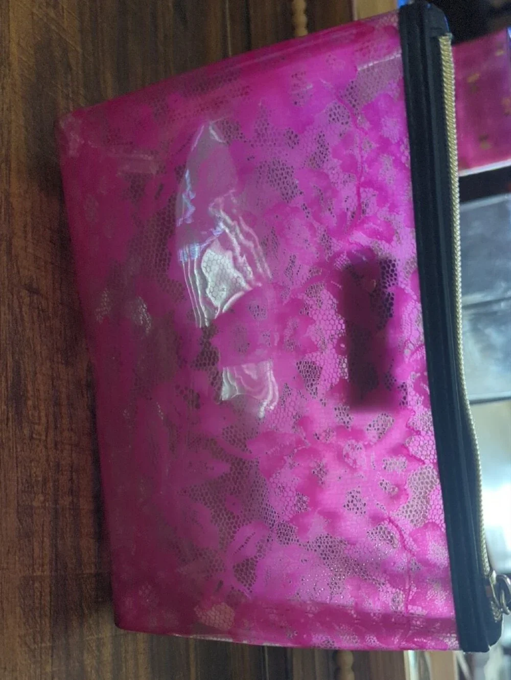 Victoria's Secret Hot Pink Floral Cosmetic Pouch with Gold Logo